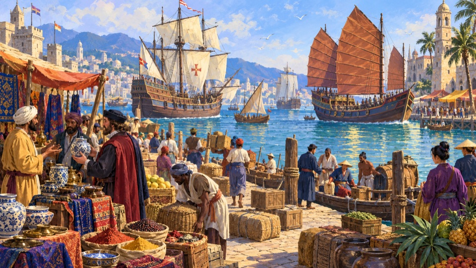 An imagined port: sailing ships and Asian vessels dock while merchants trade and workers carry crates and baskets.